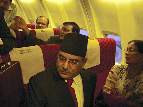 FIRST CLASS: Prime Minister Pushpa Kamal Dahal and his wife, Sita, en route to New Delhi from Kathmandu on Sunday evening.