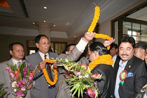 FLOWER POWER: Prime Minister Pushpa Kamal Dahal is garlanded by a business delegation as he arrived at the Soaltee Crowne Plaza on Wednesday to inaugurate a regional conference on Private-Public Partnership.