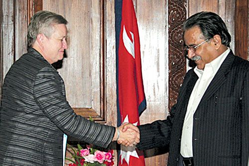 HOWDY: Prime Minister Dahal receives American ambassador Nancy Powell in Singha Darbar on Tuesday. USAID announced a $42 million aid package this week, but the CA hasn't yet started the constitution-drafting process.