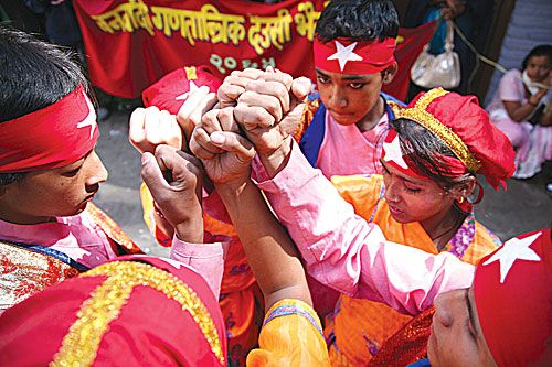 DEUSI RE: The cultural wing of Maoist-affiliated Newa Mukti Morcha hold a Bhailo program near New Road on Tuesday to mark the festival of Tihar.