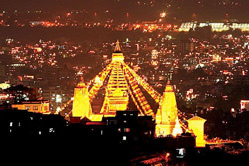 NIGHTS OF LIGHTS:? Swoyambunath stupa glows golden as the Valley shimmers in the background on the night of Laxmi Puja.