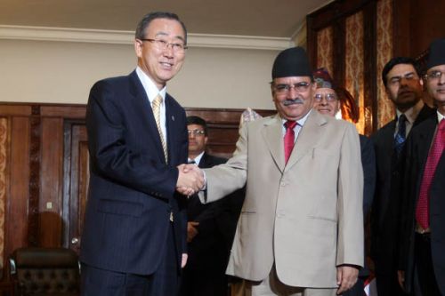 MOON SMILE: UN Secretary General Ban Ki-Moon arrived in Kathmandu on Friday evening. PM Pushpa Kamal Dahal met him at Singa Darbar where the two discussed issues of national interest.