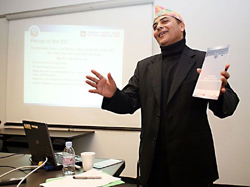 JOB WELL DONE: Chief Election Commissioner Bhojraj Pokharel at an interaction program organized by the India-China Institute at the The New School in New York on Friday on the theme Reflections & Analysis of the Historic Constituent Assembly Election.
