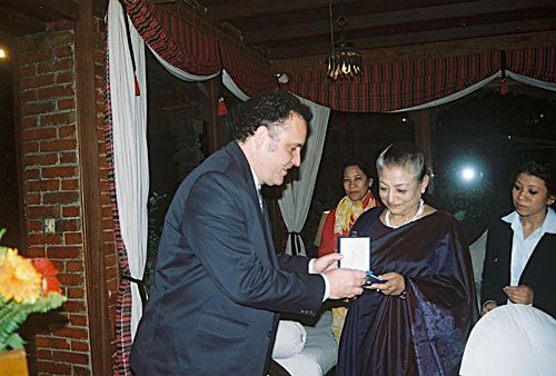 SPANISH DECORATION: Spanish ambassador Ion De La Riva Guzman De Frutos presents the Cross of the Order of Civil Merit on behalf of His Majesty King Juan Carlos of Spain to Ambica Shrestha on 21 November. Shrestha is the honorary consul of Spain in Nepal and president of the Dwarika's Group of Hotels & Resorts.
