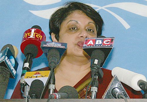 VOICE FOR THE FUTURE: Radhika Coomaraswamy, Special Representative of UN Secretary General?for Children and Armed Conflict, speaks at a press conference during her visit to Nepal on Friday.