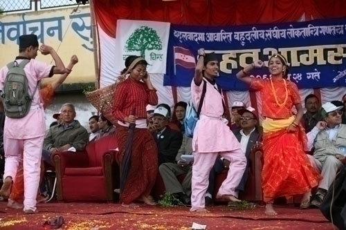 STEP IN TIME: Nepali cultural dance at an NC mass meeting in Lagankhel on Sunday evening.