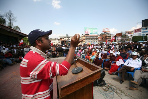 FIREBRAND: NC youth leader Gagan Thapa addresses a mass meeting in Jawalakhel on Monday morning.