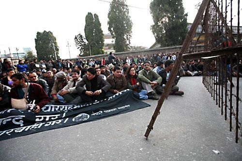 UNITED WE STAND: Journalists and free press supporters in Kathmandu stage a sit in protest in front of the south gate of Singa Darbar on Tuesday.