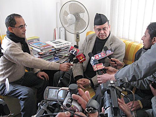 WE SUPPORT: UML General-Secretary Jhalnath Khanal visited Himalmedia office on Wednesday to observe the damage from the Sunday attacks.