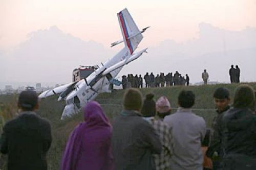 FATAL SLIDE: A twin otter, belonging to Nepal Airlines Corporation, crashed at the Tribhuban International Airport on Wednesday. The domestic aircraft skid off the runway as it was making a regular test flight. The pilots suffered minor injuries.