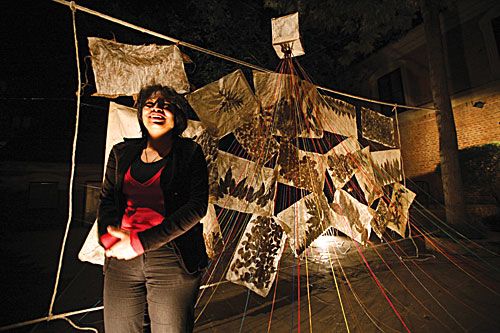 CREATIVE TOUCH: Artist Bidhata KC with an installation art which is part of an exhbition, 'Symbolic Embodiment' at Yala Maya Kendra on Tuesday. The show goes on till 29 December