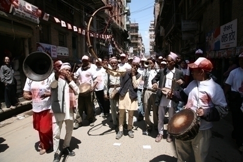 ANCIENT WAYS: A Damai band accompanies a UML election rally at Nara Devi on Monday morning.
