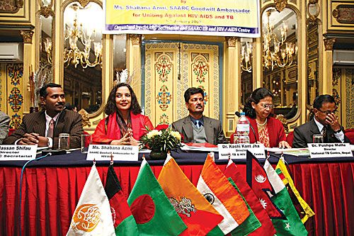 CELEBRITY FOR A CAUSE: Bollywood actress and SAARC goodwill ambassador for HIV/AIDS Shabana Azmi, speaks at a press conference organised to launch the SAARC regional strategy on HIV/AIDS at Hotel Yak & Yeti on Monday.