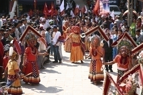 CULTURE DISPLAY: A procession organised by the Nepa National Party moves northwards from Thamel on Monday afternoon. The dancers performed traditional Newari dances.