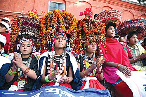 OUT OF CHAINS: Members of the Tharu community from Dang and Deukhuri protest at Bhadrakali on Tuesday against the Kamlari tradition of sending girls away as bonded labourers .