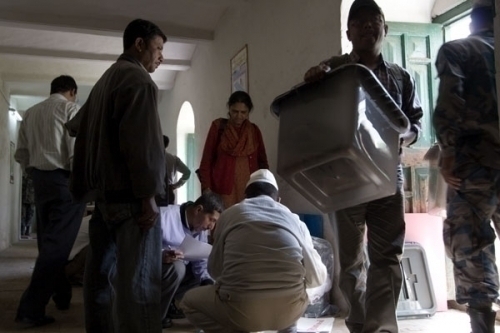 BOXED IN: Election Officers collecting ballot boxes on Monday evening at the Central Region Resource Center in Babar Mahal, Kathmandu.