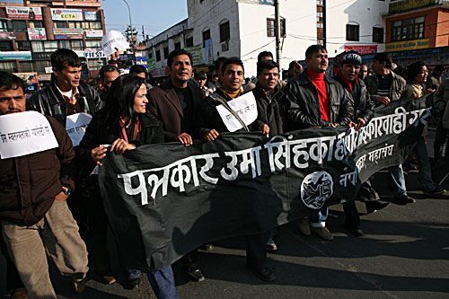 OUTRAGE: Journalists march in Kathmandu on Monday to portest the murder of maverick reporter Uma Singh in Janakpur.