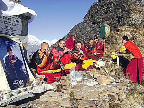 LARGER THAN LIFE: The residents of Khunde dedicate three chortens in memory of Edmund Hillary on 11 January, the first anniversary of his death and 55 years after he first set foot in Khumbu.