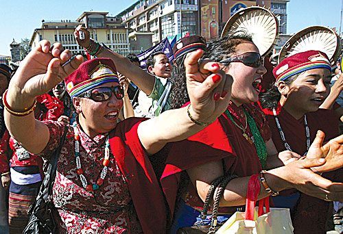 DANCING QUEENS: The Tamang community celebrates Sonam Losar, the year of the ox, marking the beginning of the year 2845, in Tundikhel on Tuesday.
