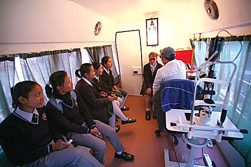 20/20: National eye sight program conducts a mobile eye camp in Adarsha Kanya Niketan School in Lagankhel on Tuesday.