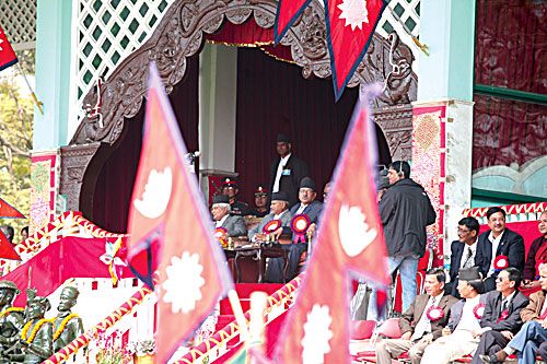 CELEBRATING A DREAM: President Ram Baran Yadav, Prime Minister Pushpa Kamal Dahal, Vice President Parmananda Jha and Chief Justice Kedar Prasad Giri attend a function at Tundikhel marking the 58th Democracy Day on Wednesday.