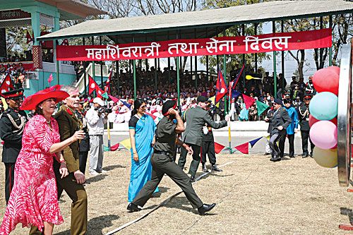 POP THE BALLOON: Defence Attaches and their spouses at the traditional pop-the-balloon contest during the Army Day celebration at Tundikhel on Shivaratri.