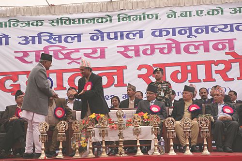 A LEGAL AFFAIR: President Ram Baran Yadab, PM Pushpa Kamal Dahal and other political leaders attend the 11th conference of All Nepal Lawyer's Association on Thursday at Khula Manch.