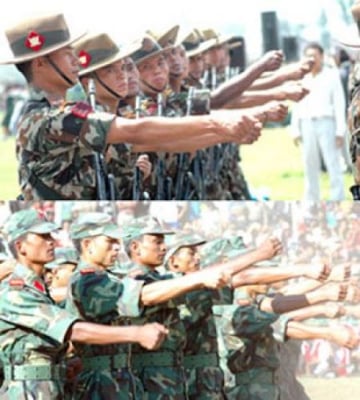 FORWARD MARCH: The Nepal Army (top) and the Maoist army are bogged down in a dispute over recruitment and integration.