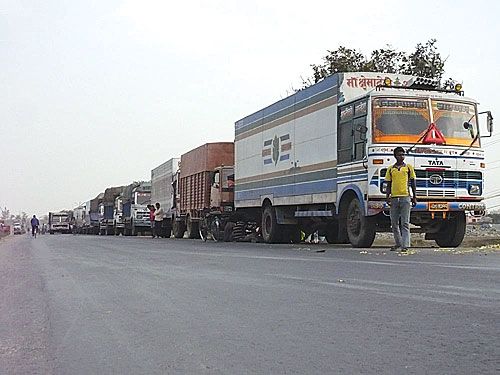 DEADLOCKED: The Tharu protests brought the East-West highway to a complete halt all week. These cargo trucks were stranded in Pakli, Sunsari, for the 11th day.