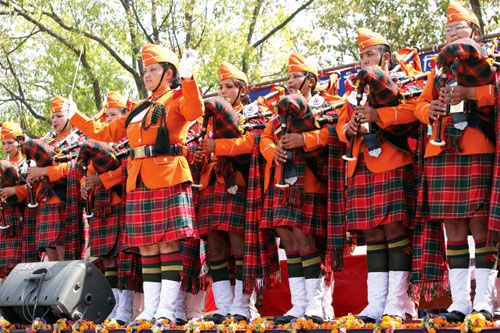 GENDER NO BAR: The Nepal Police Band of women bagpipers perform at Bhrikuti Mandap to celebrate International Women's day on Sunday.
