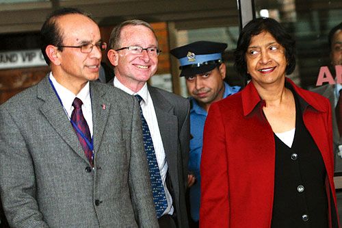 FLYING VISIT: OHCHR Chief Richard Bennett greets UN high commissioner for Human Rights Navanethem Pillay at Tribhuban International Airport on Wednesday as she arrives for a five-day visit to Nepal.