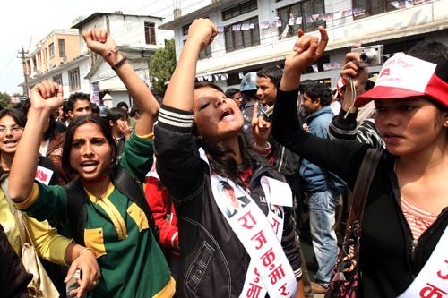 VOTE FOR ME: Members of the All Nepal Federation of Student Unions campaign for their candidate on Monday outside Ratna Rajya Campus for the ongoing Free Student Union elections.