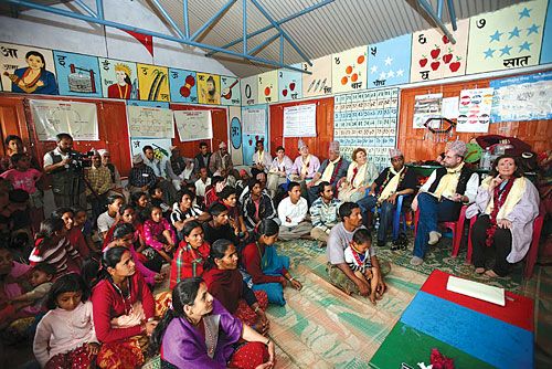 LITTLE VOICES: UNICEF executive board members, representing the Bahamas, China, Ethiopia, Germany, Russia and Switzerland, visit the Vishwakarma Community Organisation at the early childhood development centre in Kalika VDC, Kaski.