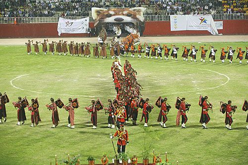 CURTAIN CALL: Members of the Nepal Army, Armed Police and Nepal Police play bagpipes at the closing ceremony of the National Games on Sunday.