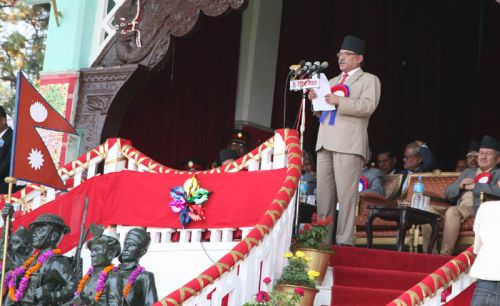 CELEBRATION: Prime Minister Pushpa Kamal Dahal addresses the audience at a function organised by the Nepal Army in Tundikhel on Friday to mark to third Loktantra Diwas.