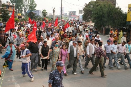 RED FLAGS: The Maoists staged a rally around the valley on Tuesday, demanding that the Army Chief Rookmangud Katawal be sacked.