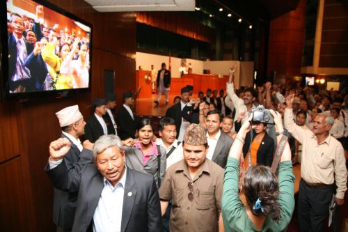 OUR TURN NOW: Maoist members obstruct the House sessions, demanding apologies from president for reinstating Katawal. The next sitting has been postponed to Sunday.