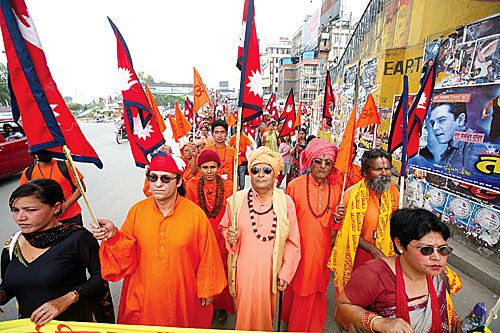 HINDU SOLIDARITY: Religious devotees rally against a secular federal state on Sunday at Sundhara.