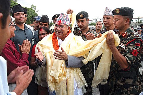 HOUSEWARMING: Prime Minister Madhav Kumar Nepal being welcomed at the official residence in Baluwatar on Wednesday, five days after he was elected to the post.
