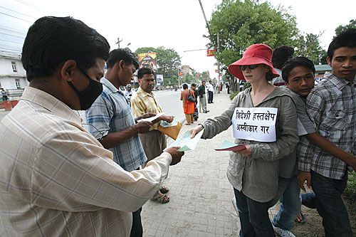 FOREIGN HAND: An activist lobbying against international intervention in Nepali politics and demanding timely drafting of the new constitution at a rally in Babar Mahal last week.