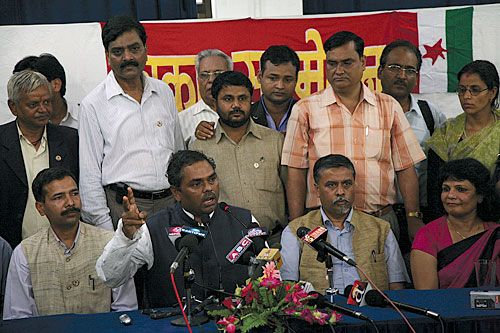 MARCHING ORDERS: Upendra Yadav announces the dismissal of Bijay Gachhedar and seven other leaders from MJF last week. Two factions of the party clashed in Birganj on Wednesday.