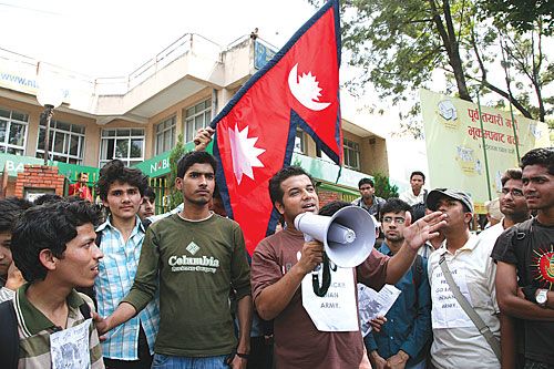 BORDER PATROL: Pulchok Engineering Collge students protest outside their campus on Wednesday against "border encroachment" of Nepali territory by India.