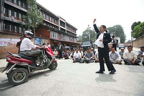NOT BUDGING: Maoist CA members stage a protest in front of Singha Darbar for hours on Tuesday, obstructing traffic and preventing civil servants, including a disabled singer, from entering the premises.