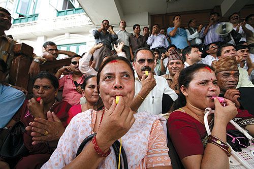 LOUD AND SHRILL: Members of the civil service union blow whistles in front of the Ministry of Finance on Tuesday in protest of the budget for not increasing their pay.