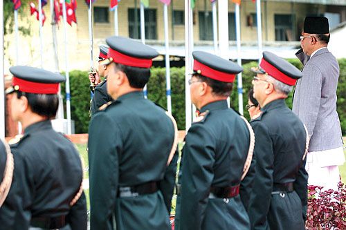 HOMECOMING: Prime Minister Madhav Kumar Nepal welcomed at Tribhuban International Airport on Saturday by the Nepal Army on his return from the 15th Summit of the Non-Aligned Movement in Cairo.