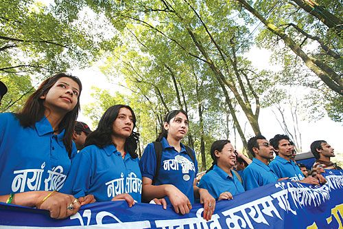 FEELING BLUE: Members of Nationwide Youth Pressure Campaign for Constitution Making take a rally out on Saturday to urge CA members to finish writing the constitution on time.