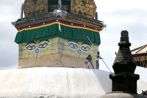 FACE LIFT: Workers spruce up Swayambhunath Temple on Wednesday in preparation for the coming religious holidays.