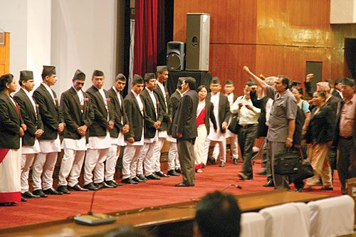 DEMOCRACY IN FULL SWING: Maoist MPs obstruct house proceedings for the seventh straight day, lobbying to get back into government. Parliament has been suspended till 16 August.