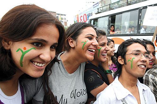YOUNG AND RESTLESS: Members of Association of Youth Organisations Nepal take out a rally to celebrate International Youth Day on Wednesday bearing a youth sign on their cheeks.