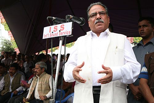 WHITE KNIGHT: Maoist chairman Pushpa Kamal Dahal denounces the government's delayed response to the Jajarkot epidemic and announces an independent Maoist relief program during a speech at Ratna Park on Monday.